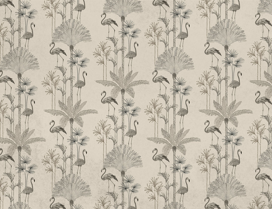 Minimalist tropical palm trees and flamingo patterned wallpaper in black and white