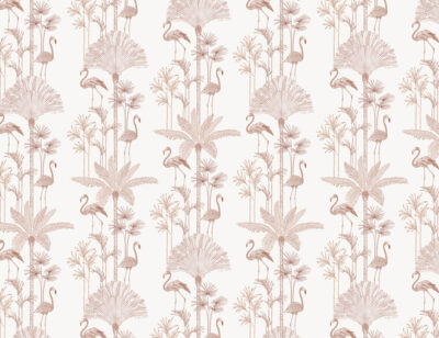 Minimalist tropical palm trees and flamingo patterned wallpaper in red