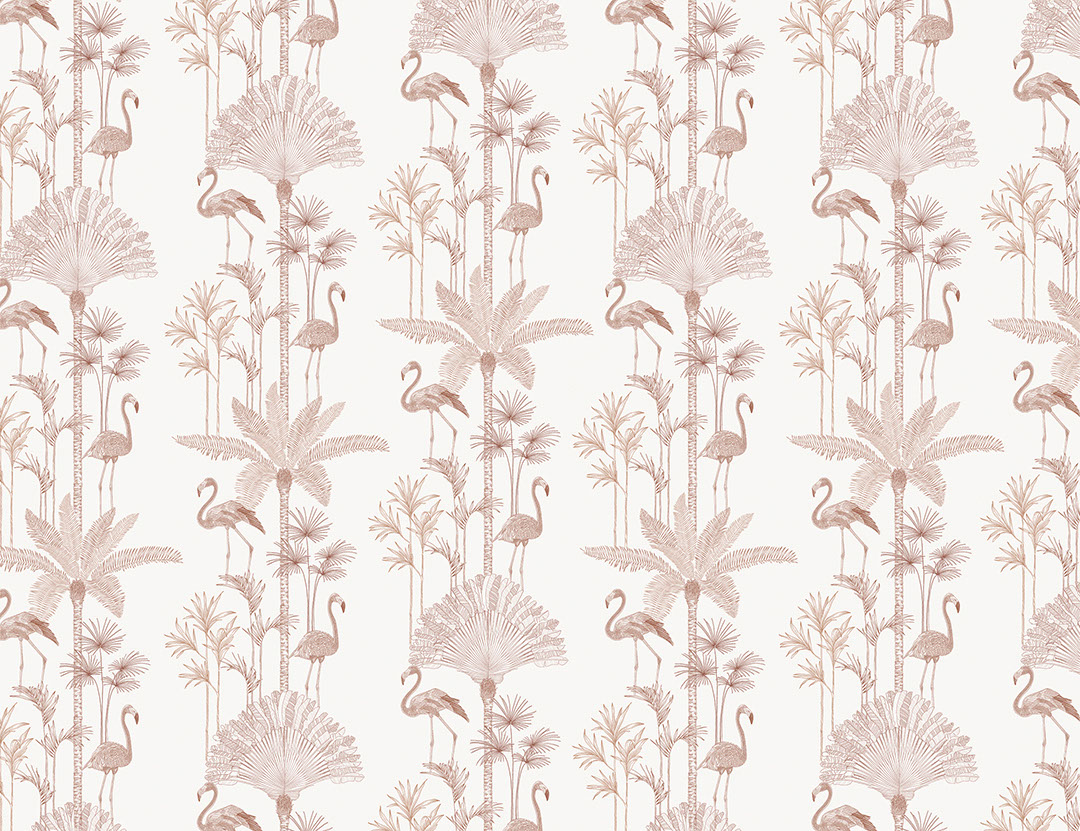 Minimalist tropical palm trees and flamingo patterned wallpaper in red