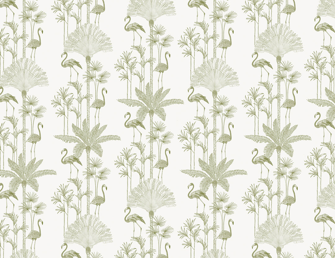 Minimalist tropical palm trees and flamingo patterned wallpaper in green