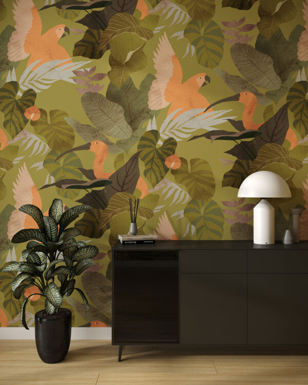 Tropical leaves and colourful parrots wall mural for the living room