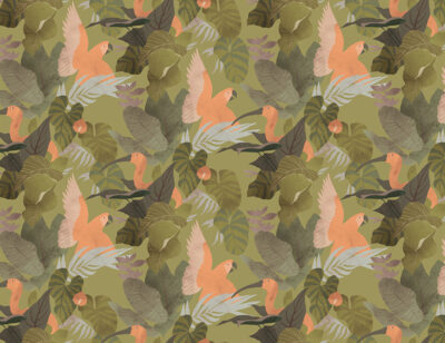 Tropical leaves and colourful parrots wall mural on the green background