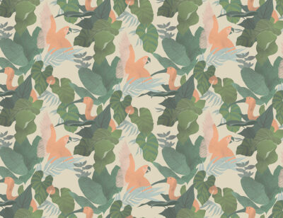 Tropical leaves and colourful parrots wall mural on the beige background