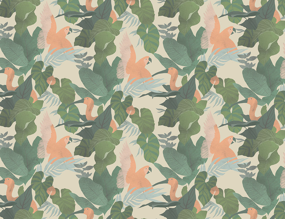Tropical leaves and colourful parrots wall mural on the beige background