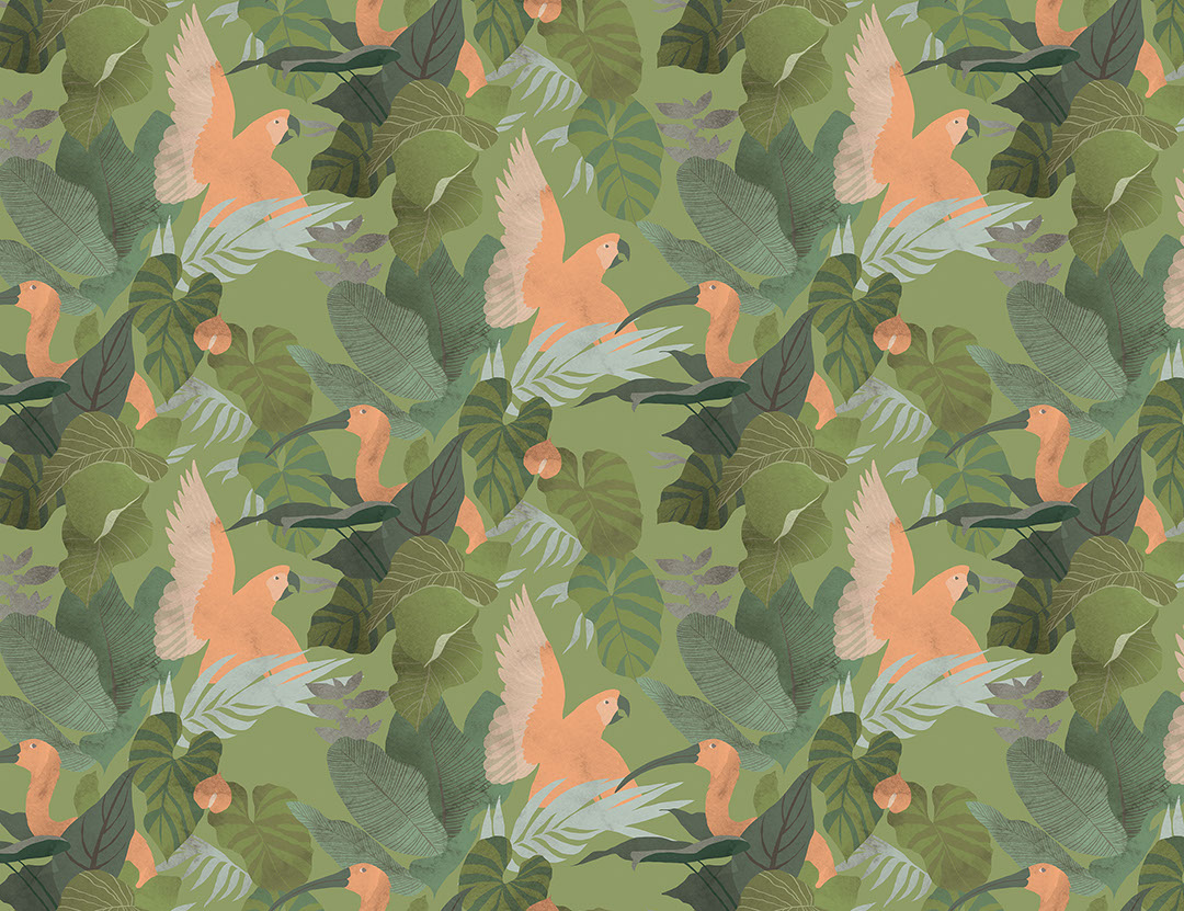 Tropical leaves and colourful parrots wall mural on the minty background