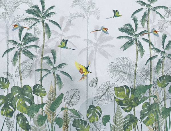 Tropical jungle wall mural with colourful birds