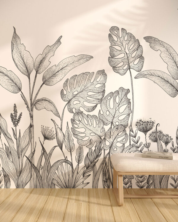 Hand-drawn tropical plants wall mural in black and white for the living room