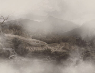 Meadow and mountains in the fog wall mural