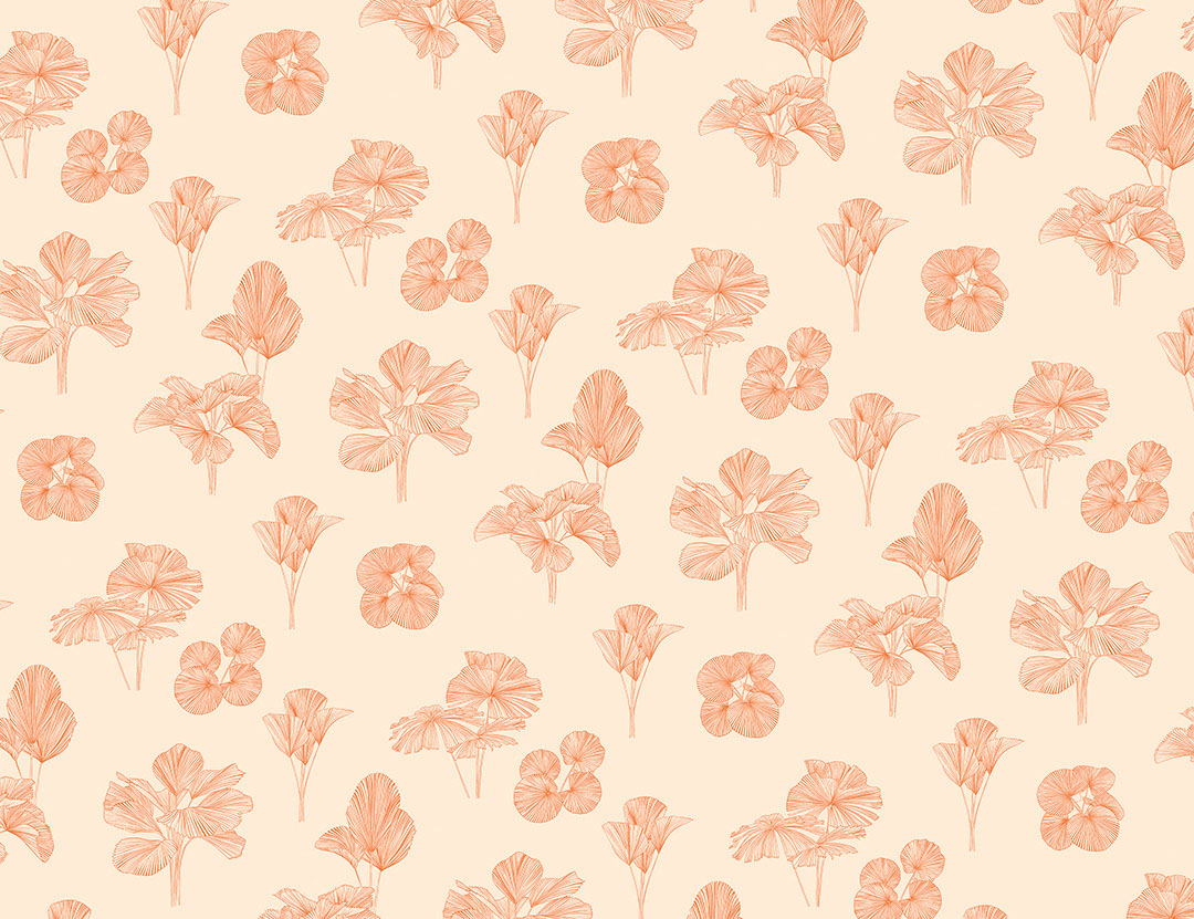 Tender line art leaves patterned wallpaper on the peachy background