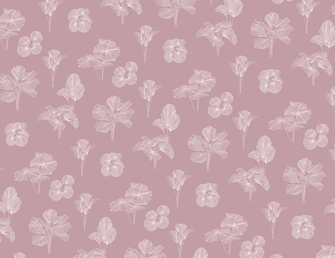Tender line art leaves patterned wallpaper on the purple background