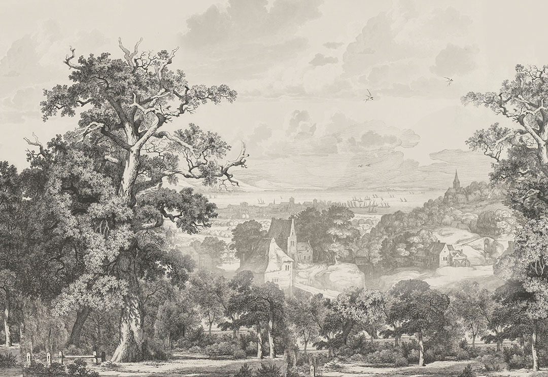 Vintage etching forest and village wall mural