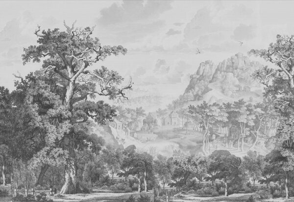 Vintage grey etching forest and mountains wall mural