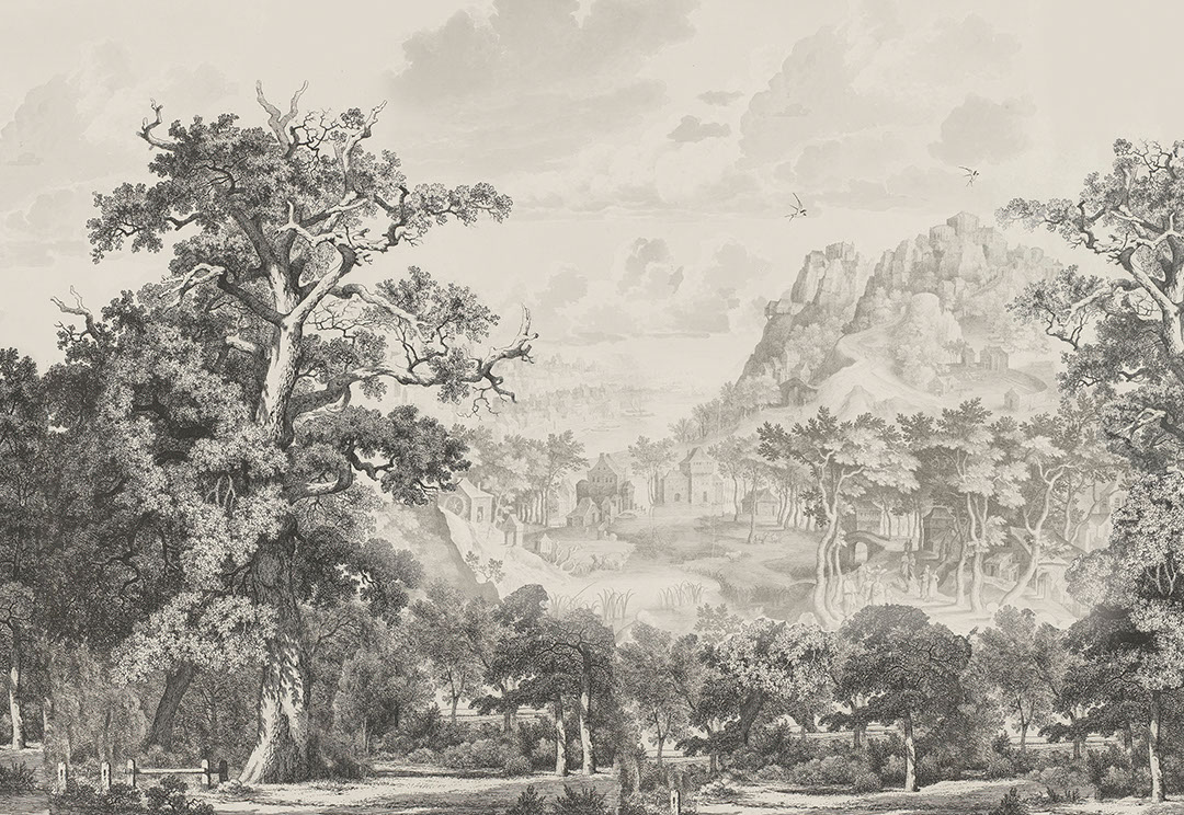 Vintage etching forest and mountains wall mural