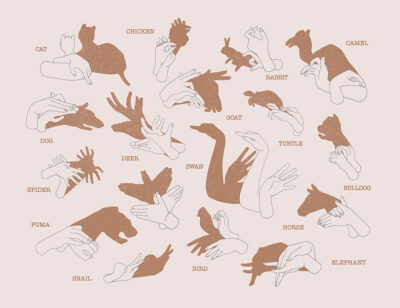 Interactive wall mural with hand shadow signs on peachy background