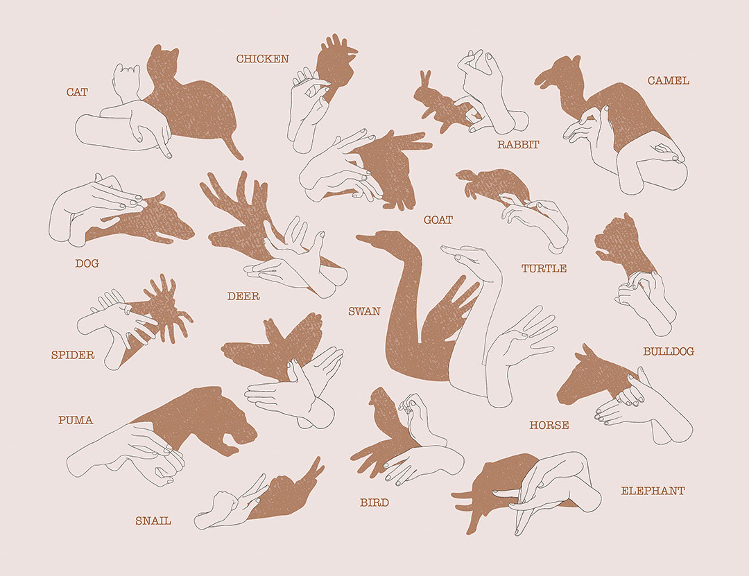 Interactive wall mural with hand shadow signs on peachy background