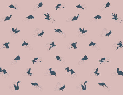 Patterned interactive pink wall mural with hand shadow signs