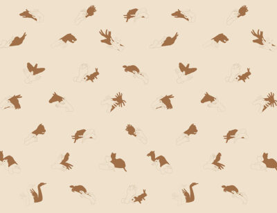 Patterned interactive peachy wall mural with hand shadow signs
