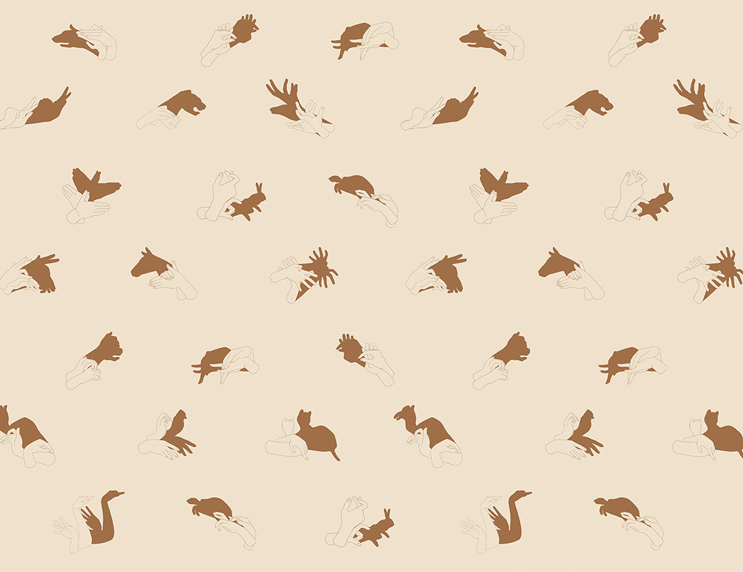Patterned interactive peachy wall mural with hand shadow signs