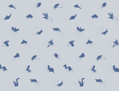 Patterned interactive blue wall mural with hand shadow signs