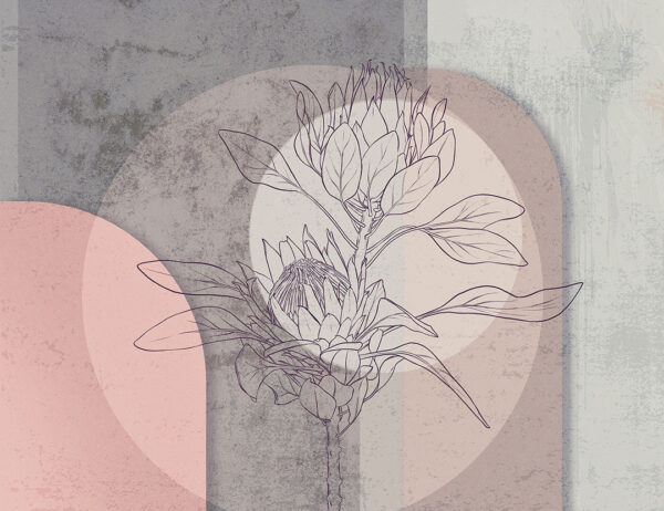 Geometric wall mural with protea flower in grey and pink colors