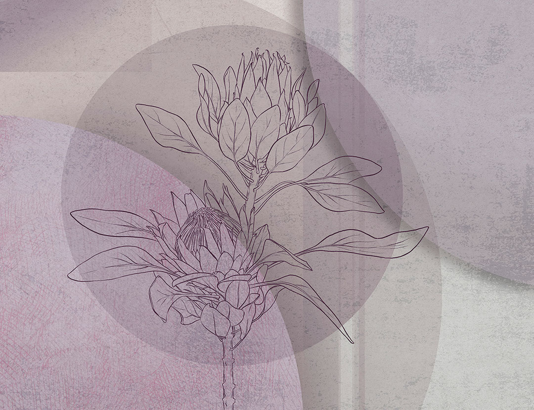 Oversized floral wall mural with protea and purple geometric background