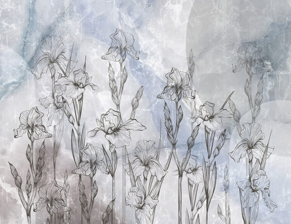 Line art irises on grey and blue marble wall mural