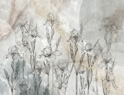 Line art irises on grey and brown marble wall mural