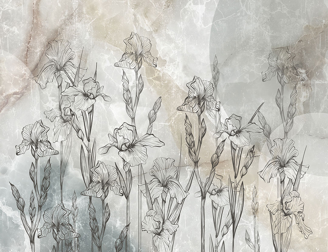 Line art irises on grey and brown marble wall mural