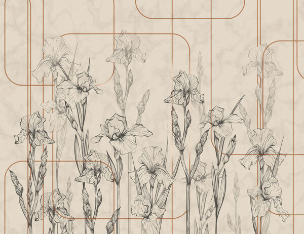 Minimalistic iris flowers beige wall mural in art-deco style