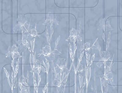 Minimalistic iris flowers blue wall mural in art-deco style