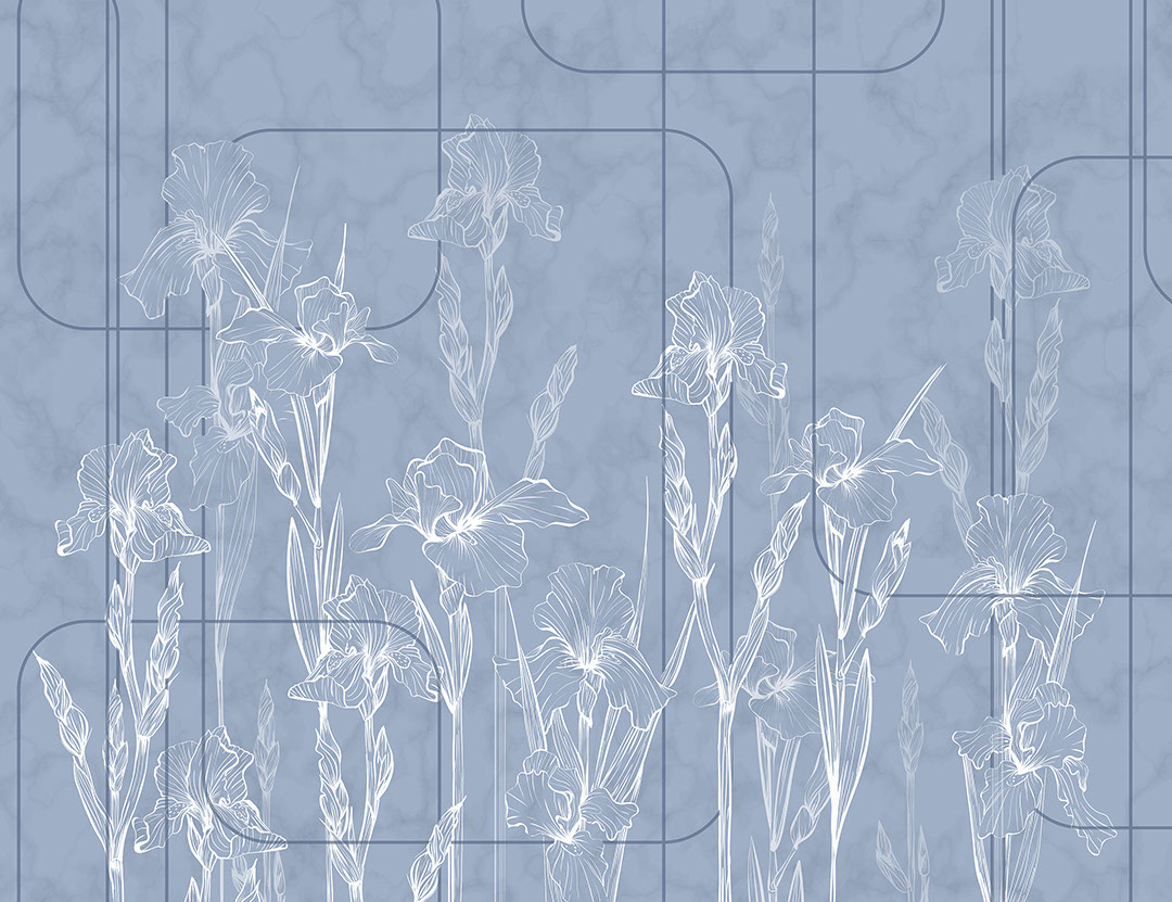 Minimalistic iris flowers blue wall mural in art-deco style
