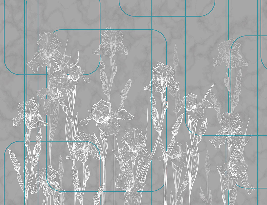 Minimalistic iris flowers grey wall mural in art-deco style