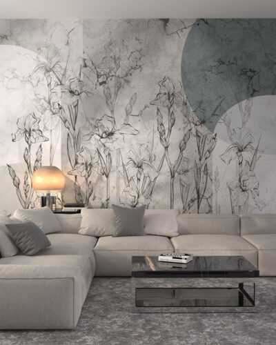 Geometric floral wall mural for the living room with irises