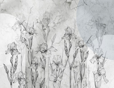 Geometric floral grey wall mural with irises