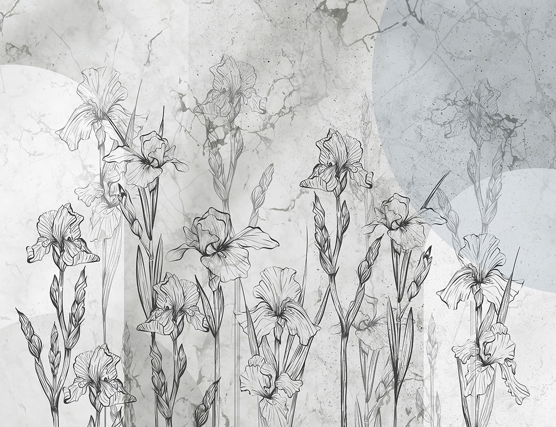 Geometric floral grey wall mural with irises