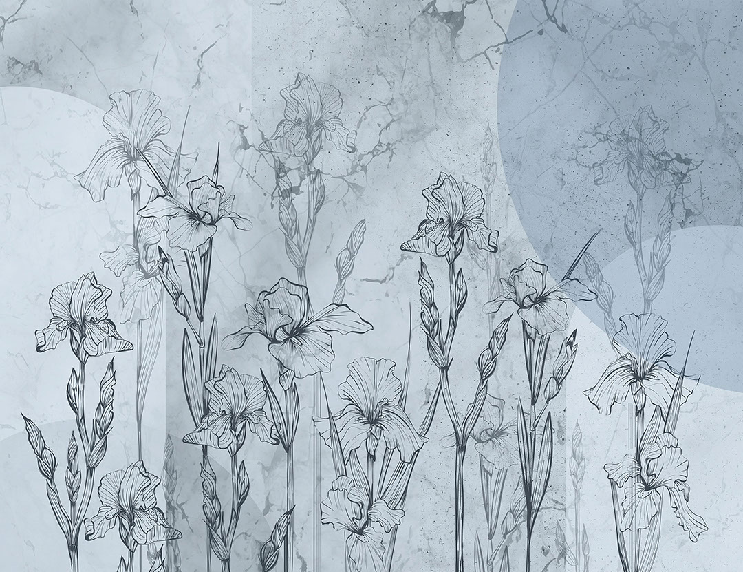 Geometric floral blue wall mural with irises