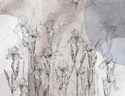 Geometric floral grey and blue wall mural with irises