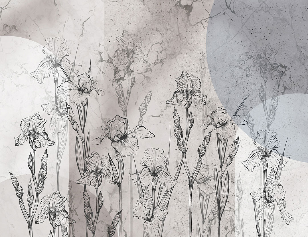 Geometric floral grey and blue wall mural with irises