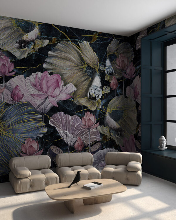 Colourful siamese fish with lotuses and marble wall mural for the living room