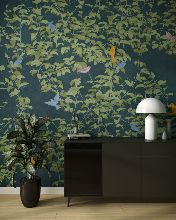 Botanical wall mural in Chinoiserie style with colourful birds for the living room