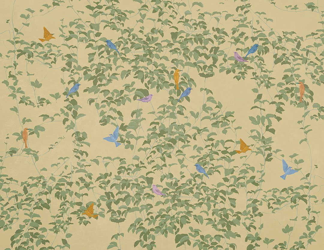 Botanical wall mural in Chinoiserie style with colourful birds on the beige background
