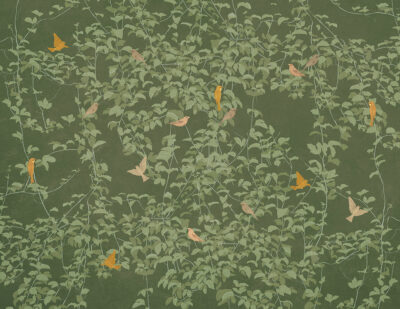 Botanical wall mural in Chinoiserie style with colourful birds on the green background