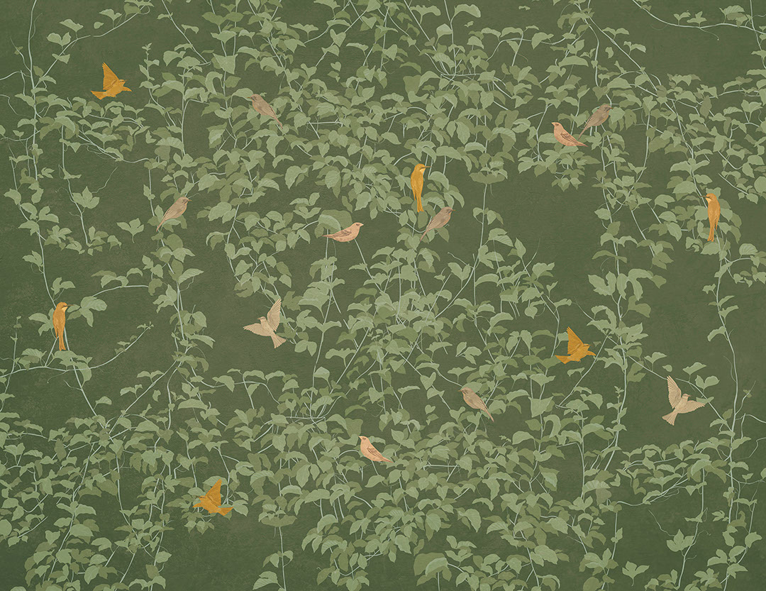 Botanical wall mural in Chinoiserie style with colourful birds on the green background