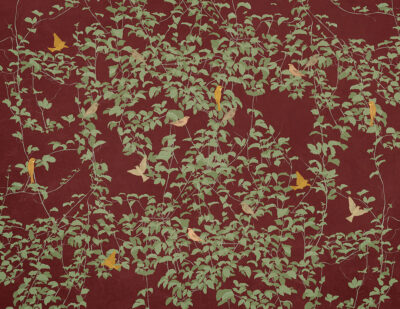 Botanical wall mural in Chinoiserie style with colourful birds on the red background