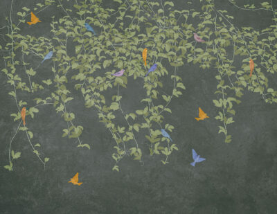 Botanical wall mural in Chinoiserie style with birds on the dark background