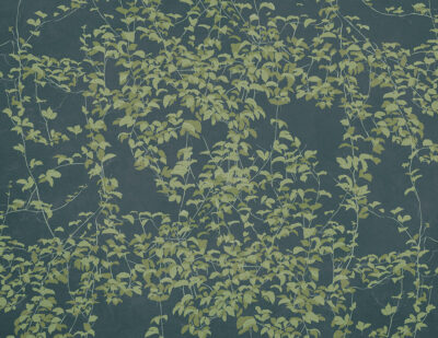 Botanical wall mural in Chinoiserie style on the blue background