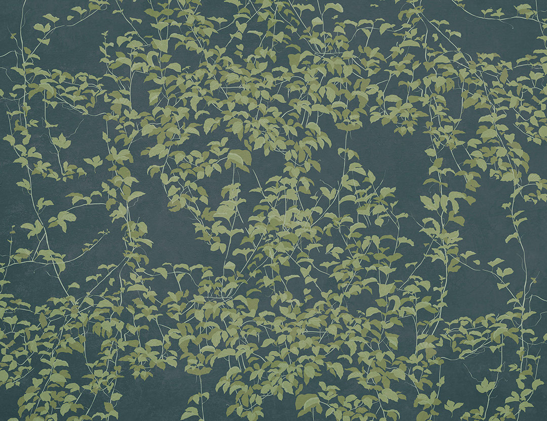 Botanical wall mural in Chinoiserie style on the blue background