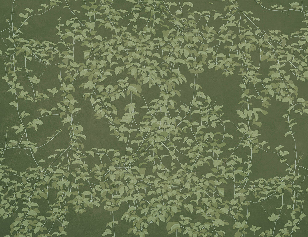 Botanical wall mural in Chinoiserie style on the green background