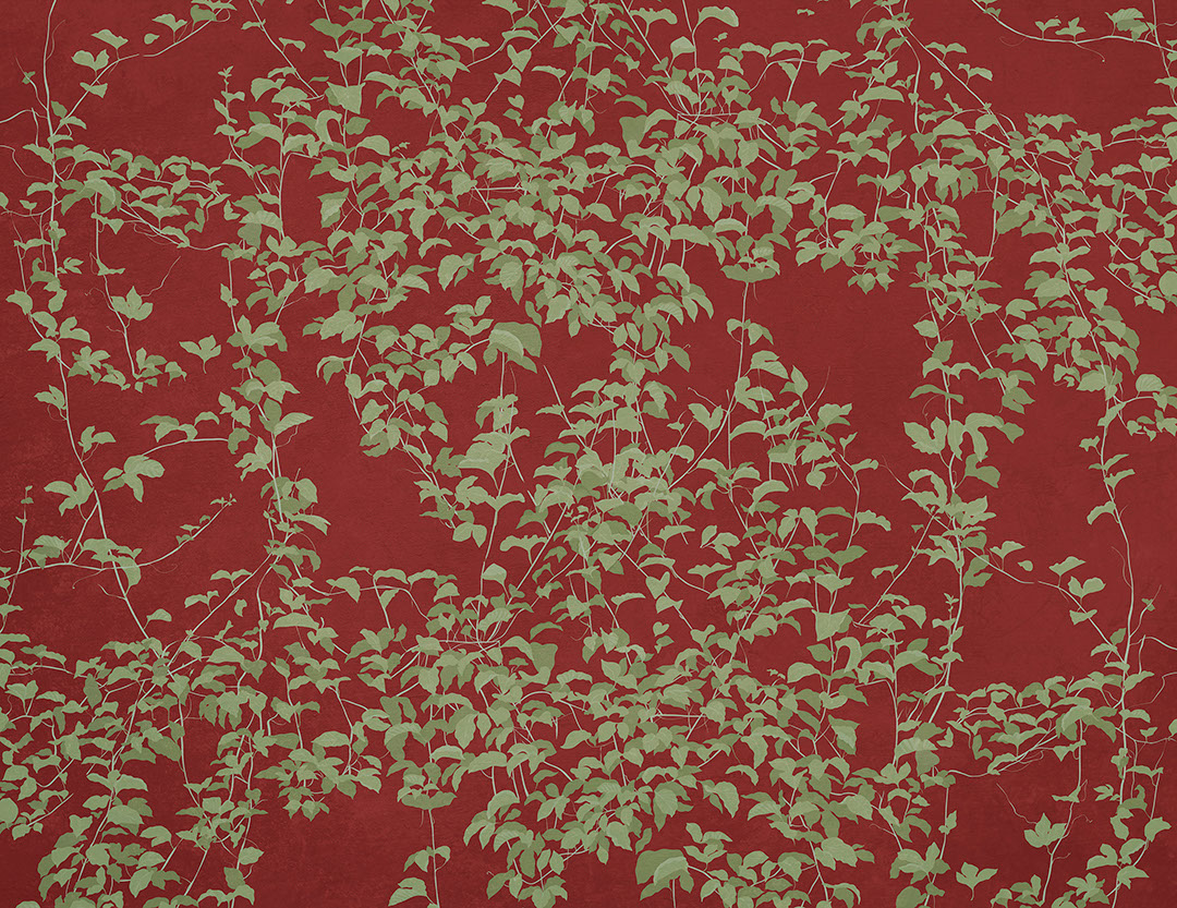 Botanical wall mural in Chinoiserie style on the red background