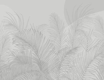Illustrated palm leaves with geometric shapes grey wall mural